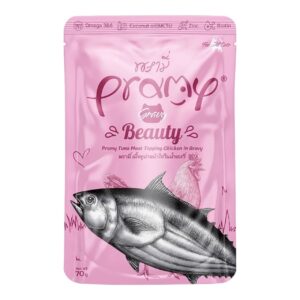 Pramy in Gravy Beauty Pouch Pramy in Gravy Beauty Pouch - อาหารแมวเปียก เนื้อทูน่าหน้าไก่ในน้ำเกรวี่ สูตรบำรุงขนสวยงาม 70g (583374)