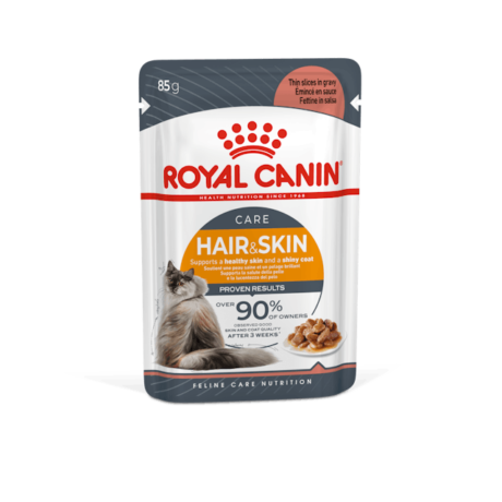 Royal Canin Care Hair & Skin Gravy - อาหารแมวเปียกสูตรดูแลผิวหนังและเส้นขนในน้ำเกรวี่ 85g (586238)