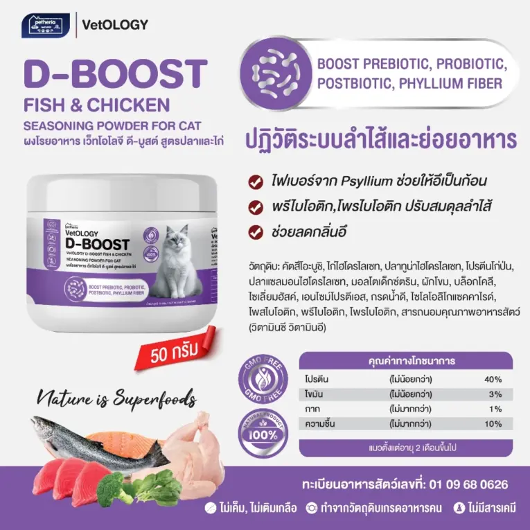 D-BOOST FISH & CHICKEN SEASONING POWDER - ผงโรยอาหารแมว สูตรปลาและไก่ บำรุงระบบลำไส้ 50g