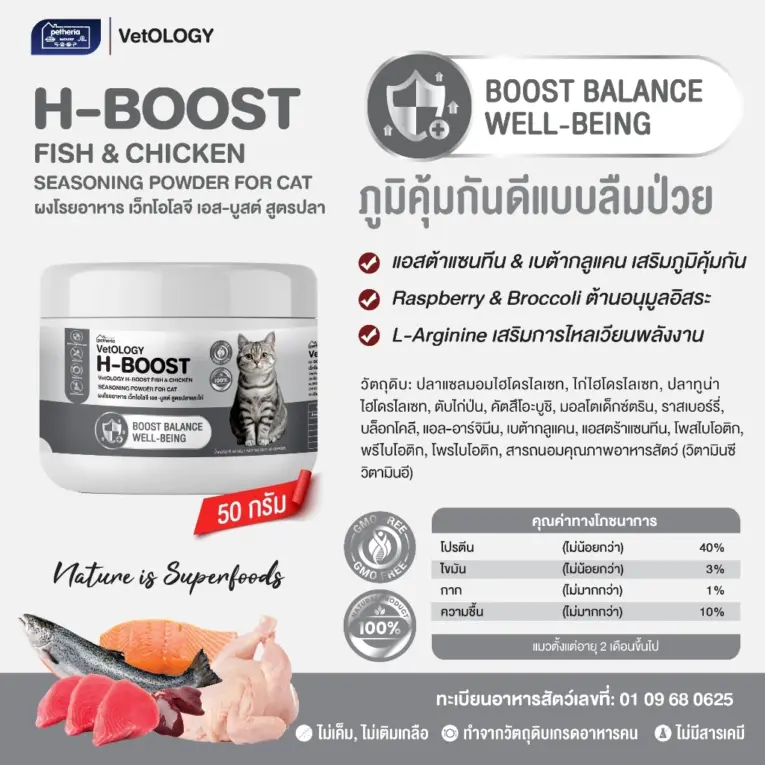 H-BOOST FISH & CHICKEN SEASONING POWDER - ผงโรยอาหารแมว สูตรปลา เสริมภูมิคุ้มกัน 50g