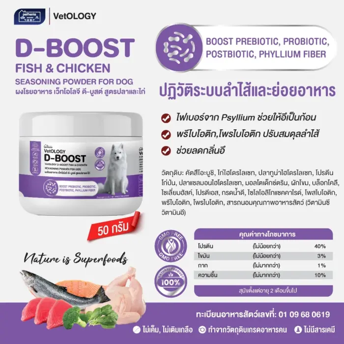 ผงโรยอาหาร 501762 D-BOOST FISH & CHICKEN SEASONING POWDER - ผงโรยอาหารสุนัข สูตรปลาและไก่ บำรุงระบบลำไส้และย่อยอาหาร 50g